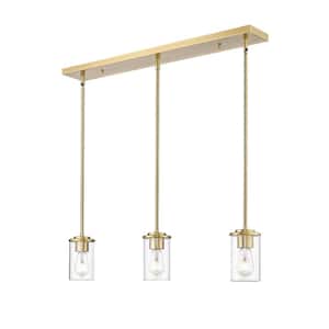 Thayer 34 in. 3-Light Luxe Gold Shaded Pendant Light with Clear Glass Shade, No Bulbs Included