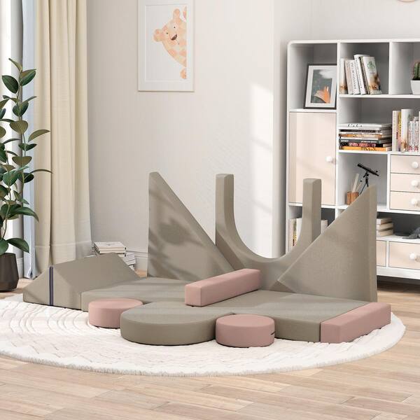 Gray 12-Piece Kids Couch for Playroom Bedroom, Convertible