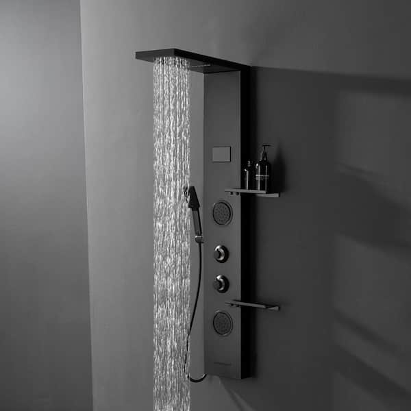 2-Jet Rainfall Shower Panel System with Rainfall Shower Head, Shelf, Tub Spout and LED Light in Matte Black