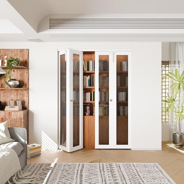 TENONER 60 in. x 80 in. Full Lite Reed Glass Solid Core White PVC Covering MDF Bi-fold Door with Lock and Full Accessories