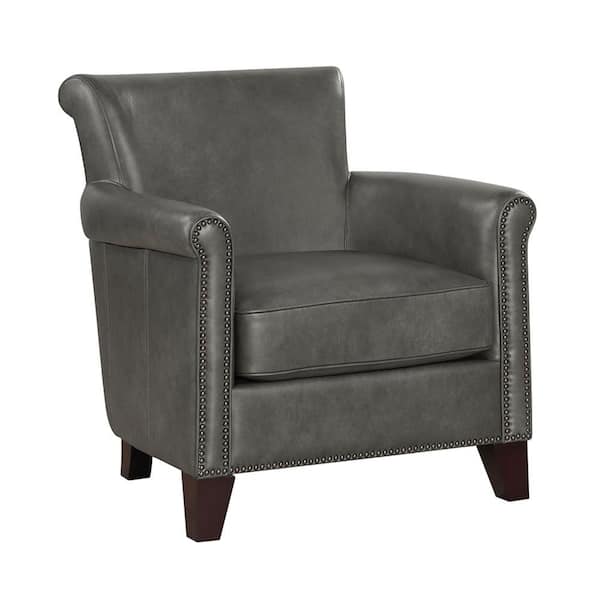 Lazzara Kailee Gray Top Grain Leather Fabric Upholstery Nailhead Trim Accent Arm Chair