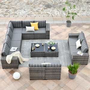 Tahoe Grey 12-Piece Wicker Wide Arm Outdoor Patio Conversation Sofa Seating Set with Striped Grey Cushions