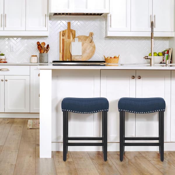 Jameson 24 in. Counter Height Black Wood Backless Barstool with Upholstered Navy Blue Linen Saddle Seat (Set of 2)