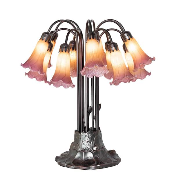 Pond Lily 24 in Mahogany Bronze Victorian Novelty Table Lamp with Amber & Purple Glass Shade