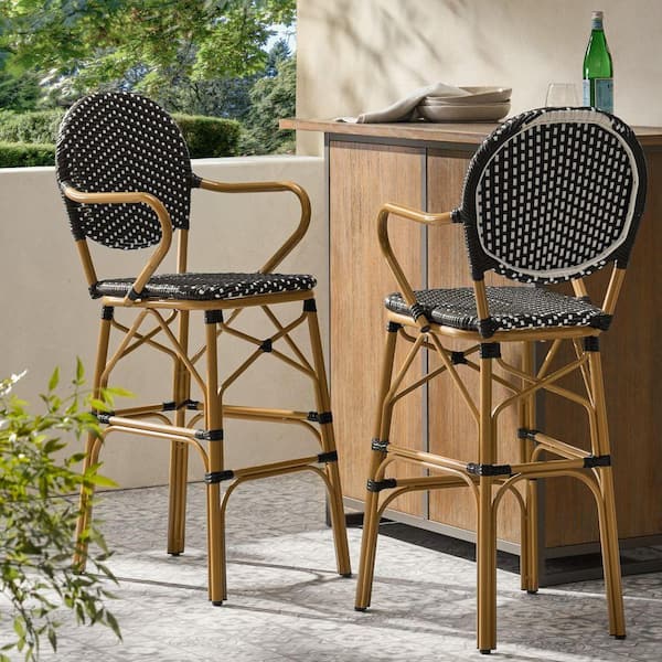 Navy Blue Metal Outdoor Bar Stool (2-Pack) Bamboo Print Finish ZN