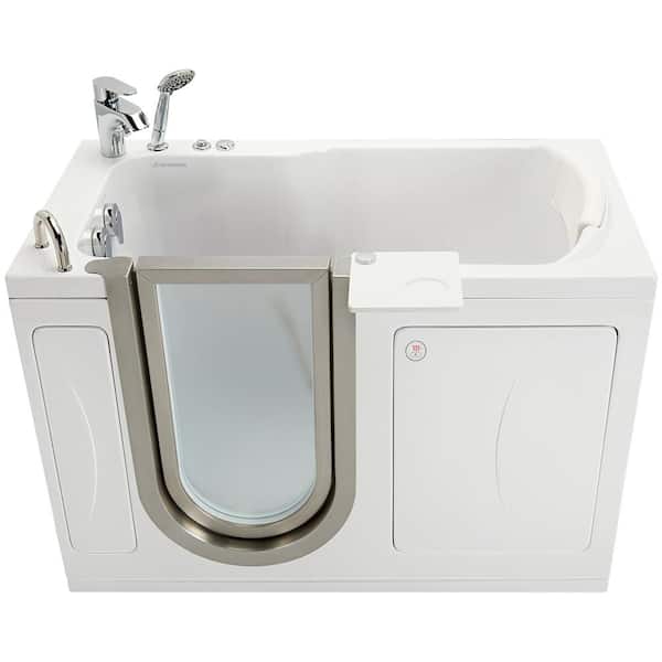 Petite 52 in. Acrylic Walk-In Whirlpool and MicroBubble Bathtub in White, Fast Fill Faucet, Heated Seat, RHS Dual Drain