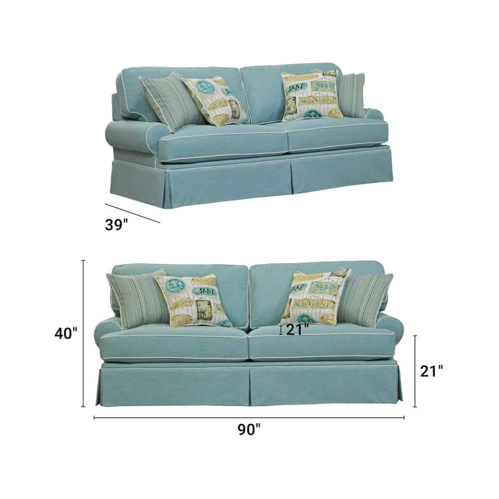 Aqua Linen Round Arm Sofa with Coastal Pillows
