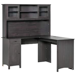 59 in. L-Shaped Coffee MDF 1-Drawer Corner Computer Desk with Hutch with Storage Cabinets, Shelves