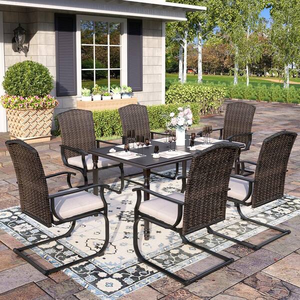 PHI VILLA Black 7-Piece Metal Patio Outdoor Dining Set with Slat Table ...