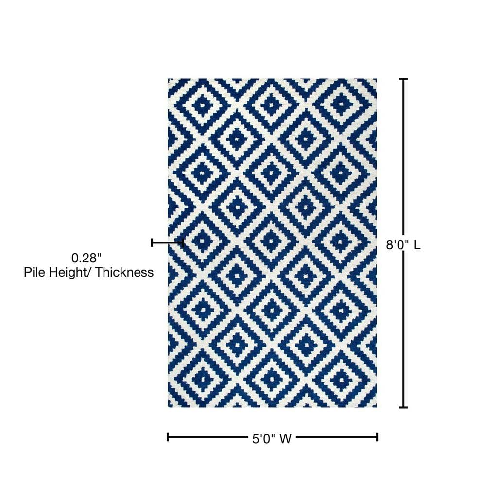 Navy and White Geometric Wool Tufted Area Rug, 5x8