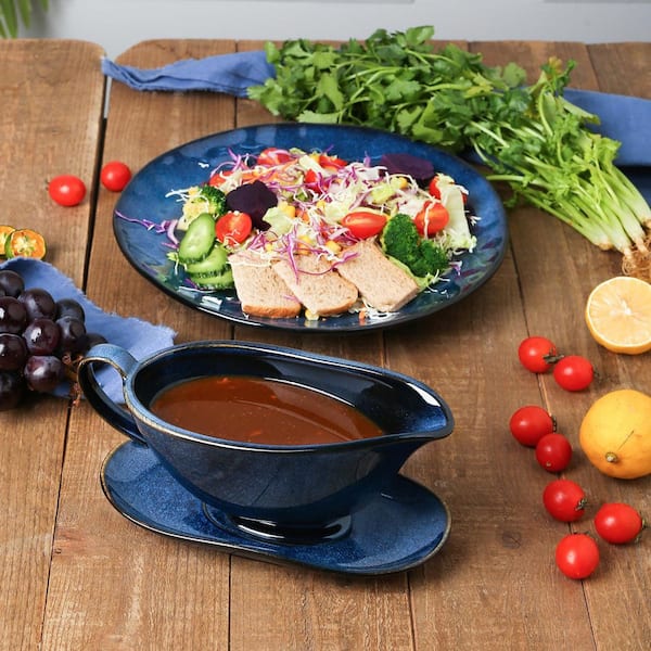 Wudkey 17 oz. Ceramic Gravy Boat with Saucer Set of 2, Large Sauce
