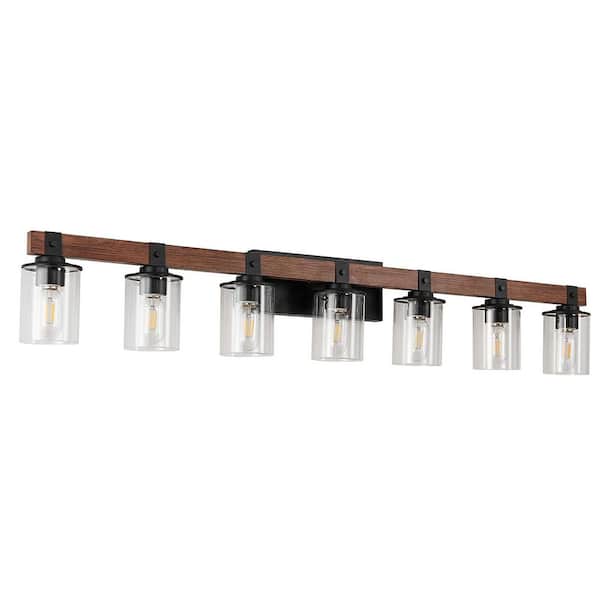 50 in. Farmhouse 7-Light Walnut Bathroom Vanity Light Vintage Wall Light in Bronze, Bulbs Not Included