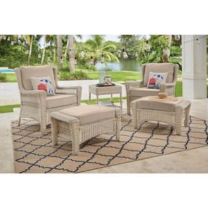 Park Meadows Off-White Wicker Outdoor Patio Ottoman with CushionGuard Putty Tan Cushion