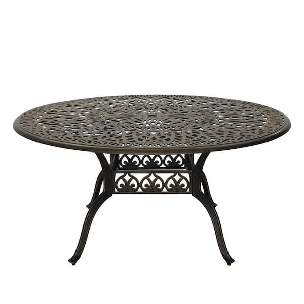 Boyel Living Outdoor Patio Round 59-In Cast Aluminum Dining Classic Pattern Table in Bronze with Umbrella Hole