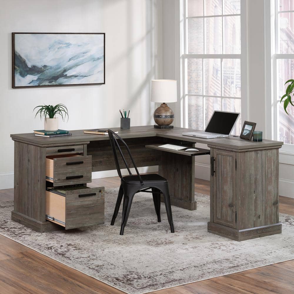 66" Brown Wood L-Shaped Desk with Drawers and Keyboard Tray