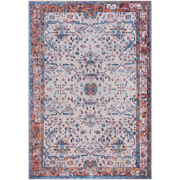 Livabliss Anja Orange/Blue 5 ft. x 7 ft. Traditional Indoor Machine-Washable Area Rug