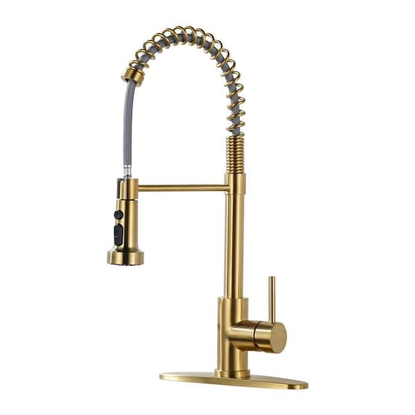Single Handle Pull Down Sprayer Kitchen Faucet, Stainless Steel Spring Kitchen Sink Faucet in Brushed Gold