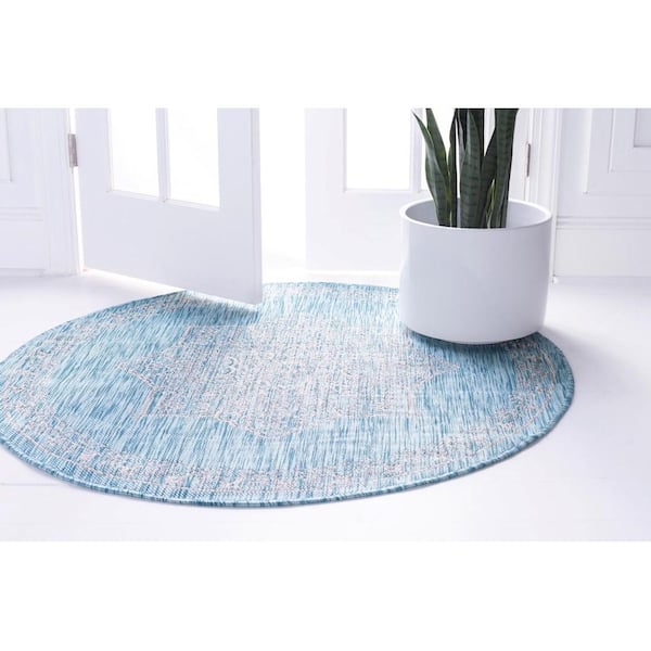 Aqua Blue Antique Outdoor 4 ft. Round Area Rug