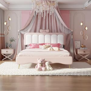 White and Pink Full Size Velvet Platform Bed Princess Kids Bed with Bow-Knot Headboard