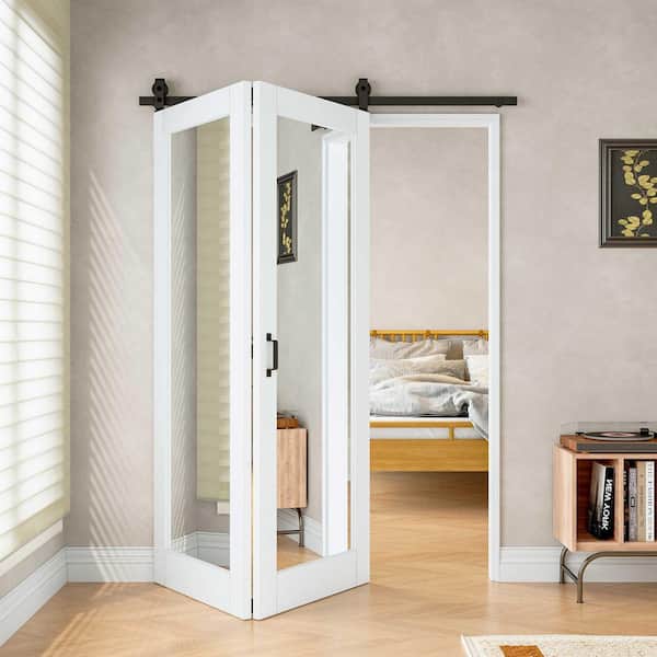 56 in. x 80 in. 1 Lite Mirrored Glass White Primed MDF DIY Painting Bifold Sliding Barn Door with Hardware Kit