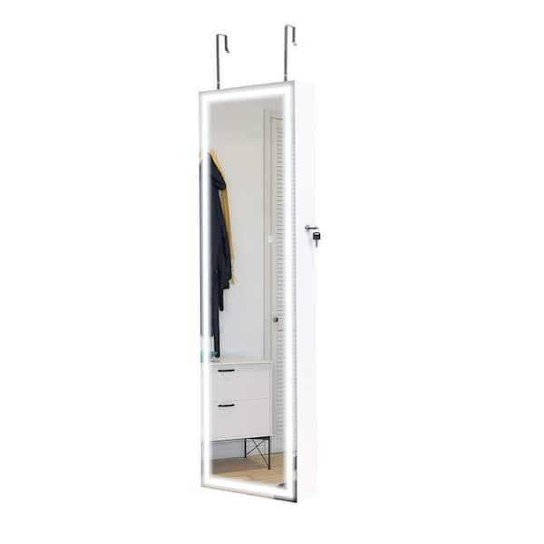 Unbranded White Adjustable Height Jewelry Storage Cabinet, with Full Mirror, LED Lights, Lock, Can Be Hung On The Door Or Wall