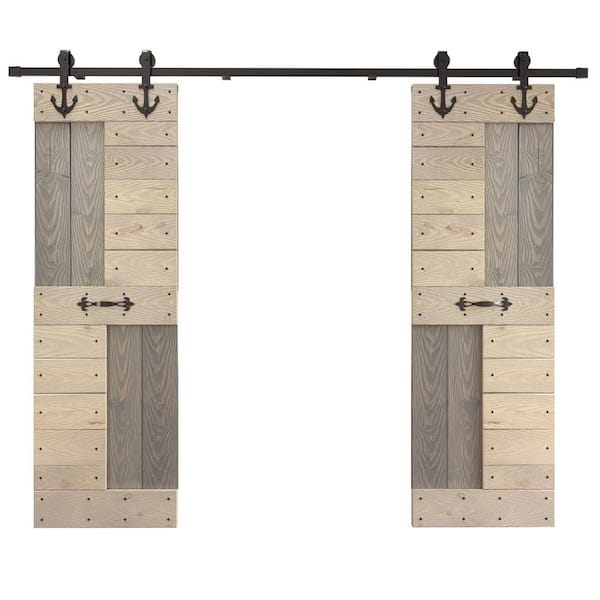 COAST SEQUOIA INC S Series Embossing 48 in. x 84 in. Dark Gray/Light Gray Knotty Wood Double Sliding Door with Hardware Kit