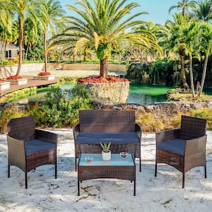 4-Piece Brown Wicker Patio Conversation Set with Blue Cushions