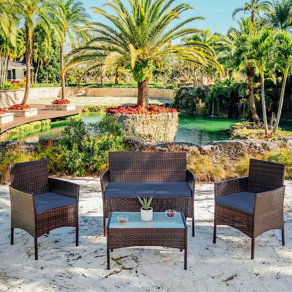 Tenleaf 4-Piece Brown Wicker Patio Conversation Set with Blue Cushions