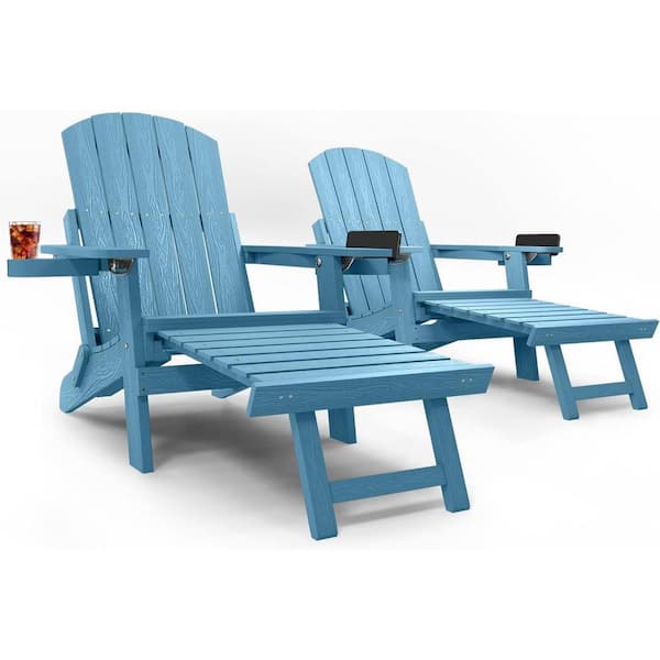 Mximu Blue Outdoor Folding Adirondack Chair with Integrated Pullout Ottoman and Cup Holder (2-Pack)