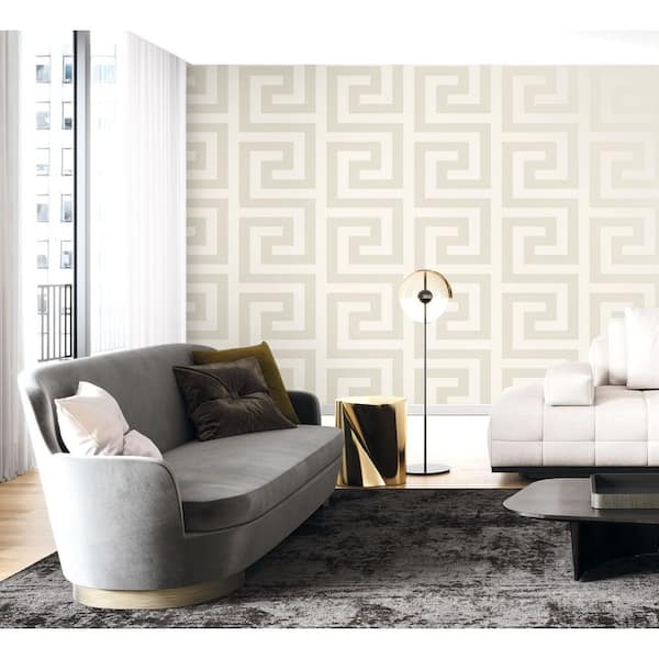 57.5 sq. ft. Metallic Champagne Forte Greek Key Unpasted Nonwoven Paper Wallpaper Roll