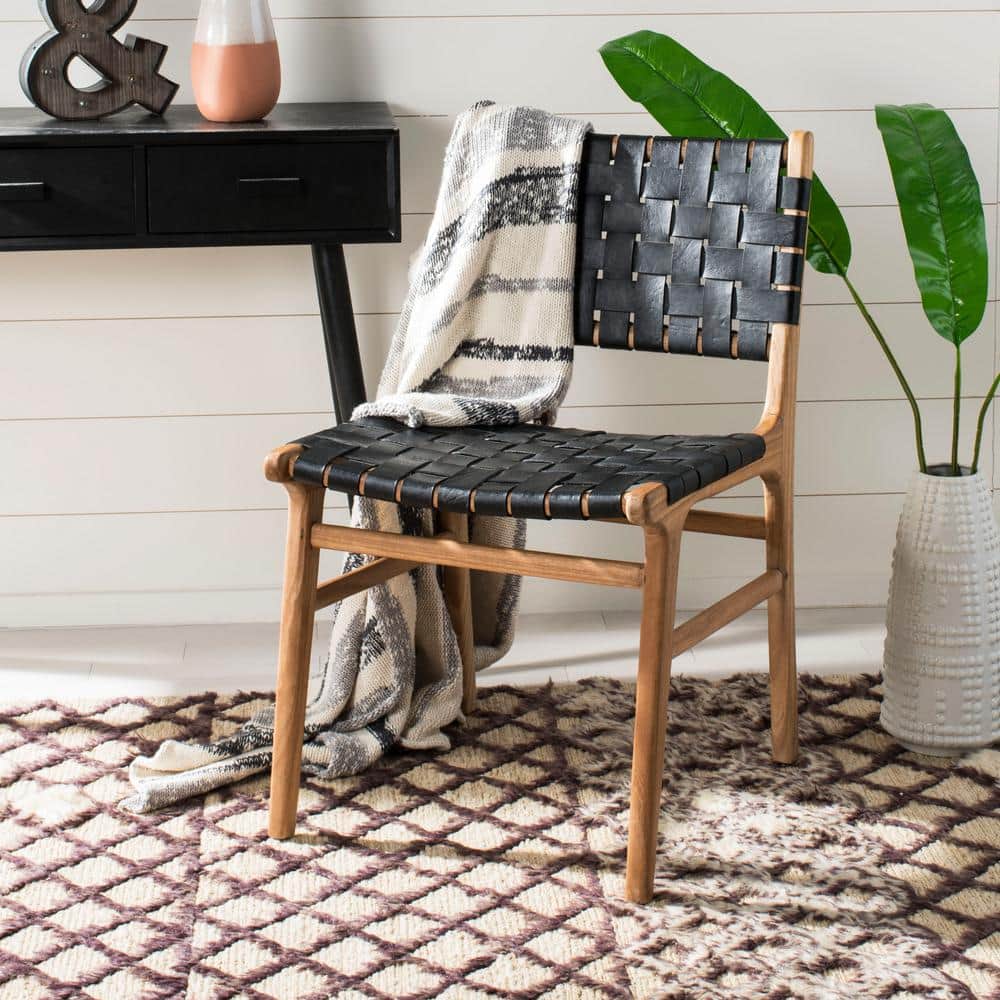Taika Black Woven Leather and Natural Wood Dining Chair Set
