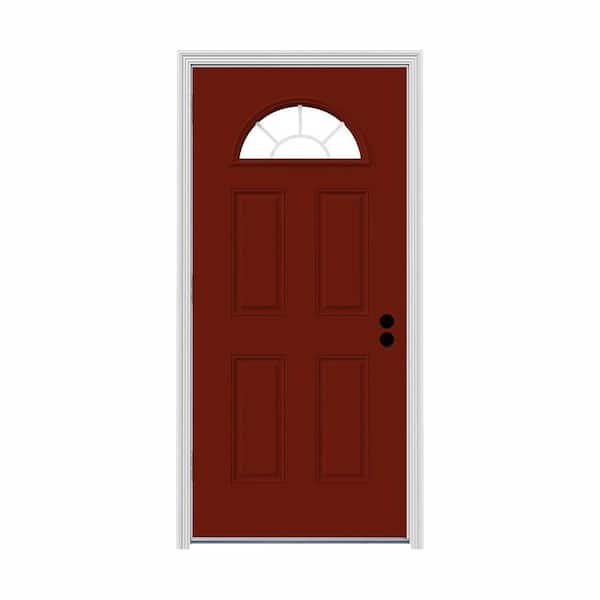 JELD-WEN 32 in. x 80 in. Fan Lite Mesa Red w/ White Interior Steel Prehung Right-Hand Outswing Front Door w/Brickmould