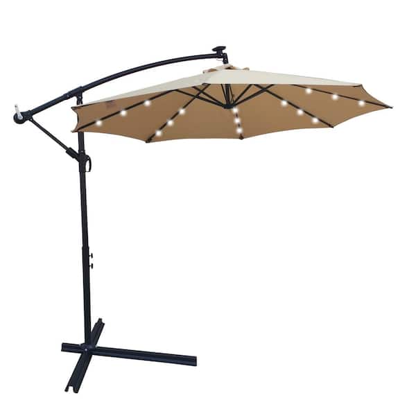 Unbranded 10 ft. Steel Market Patio Umbrella Solar LED Lighted in Tan with Crank and Cross Base