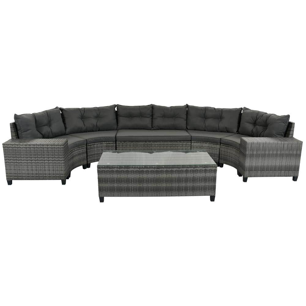 Gray 8-Pieces PE Rattan Wicker Outdoor Patio Round Sofa Sectional Set with Coffee Table and Movable Gray Cushion -  Afoxsos, HDMX1035