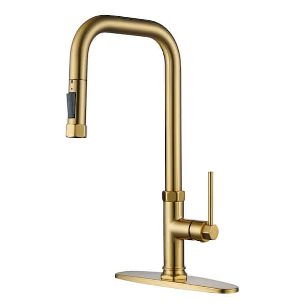 WOWOW Single Handle Pull Down Sprayer Kitchen Faucet in Brushed Gold with Deck Plate