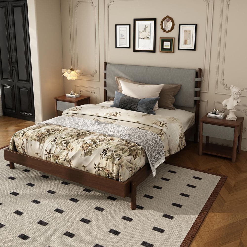 Morton 3-Piece Light Gray and Walnut Wood Queen Size Platform Bed with Upholstered Headboard 2 Nightstands Bedroom Set