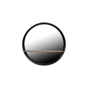 24 in. W x 24 in. H Metal Black & Natural Round Decorative Mirror with Shelf