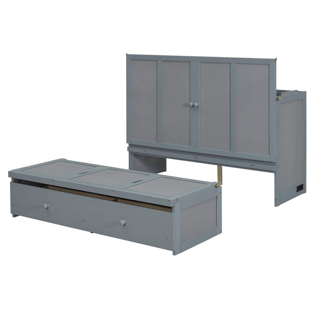 Gray Pine Full Size Murphy Bed with Large Drawer and USB Ports