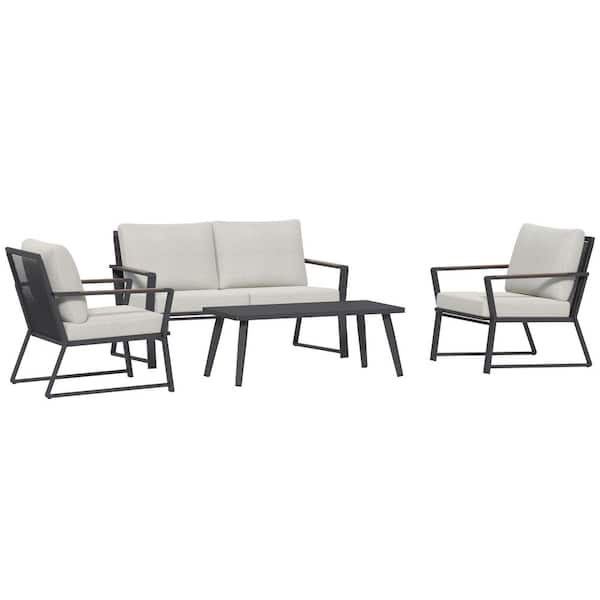 Zeus & Ruta 4-Piece Metal Patio Conversation Set with Armchairs, Loveseat, Center Coffee Table and Cream White Cushions for Porch