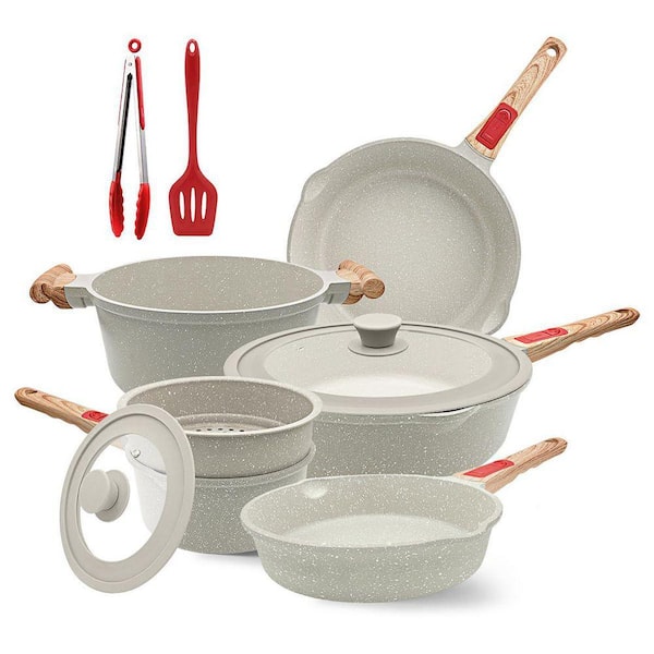 10-Piece White Cast Aluminum Nonstick Cookware Set with Lids, Frying Pans, Saucepans, Detachable Handle, Oven Safe