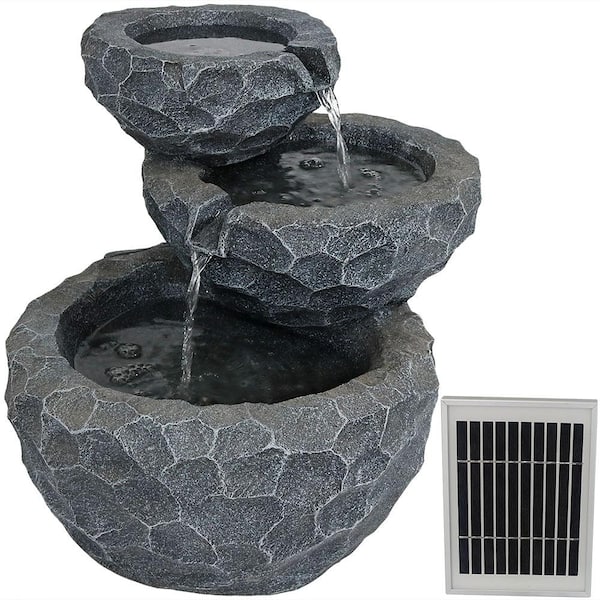 Sunnydaze Decor 17 in. 3-Tier Chiseled Basin Solar Outdoor Tiered Water Fountain with Battery Backup(7-Pieces)