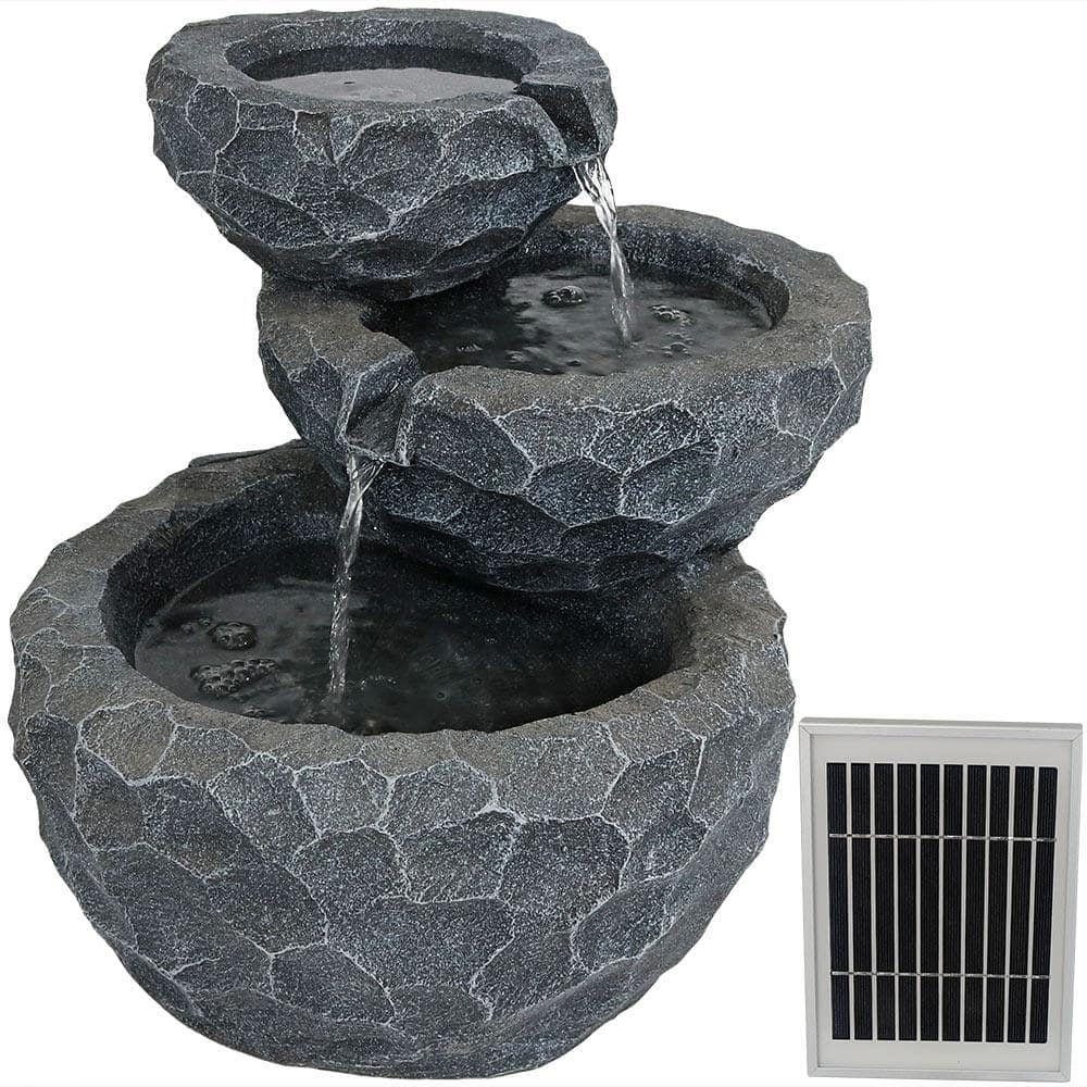 Sunnydaze 17 in. 3-Tier Chiseled Basin Solar Outdoor Tiered Water
