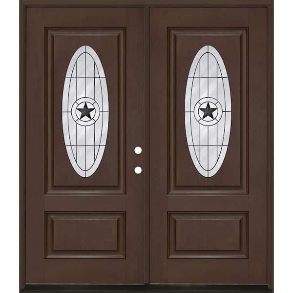 Regency 72 in. x 80 in. 3/4L Oval Alamo Glass LHIS Hickory Fiberglass Double Prehung Front Door with 6-9/16 Jamb