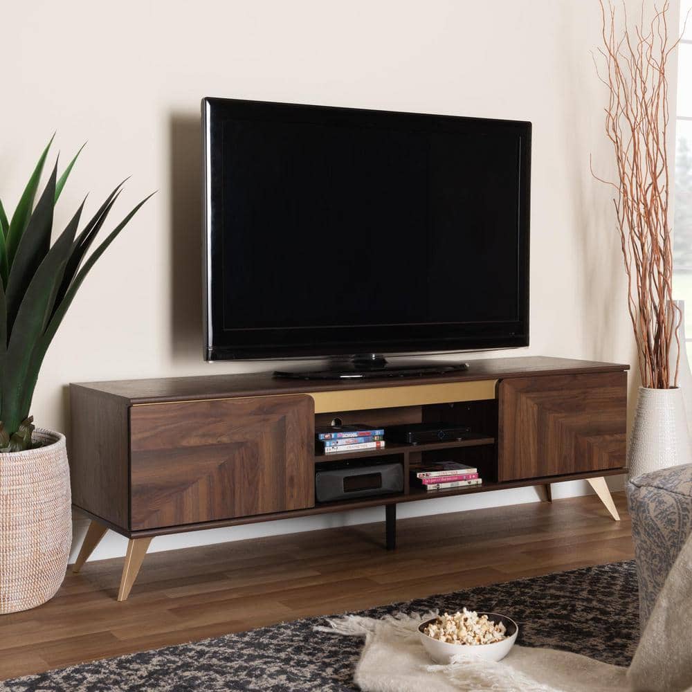 Graceland Walnut Brown Wood TV Stand with Gold Accents