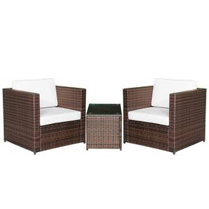 3-Piece Wicker Outdoor Bistro Set with Washable White Cushions and Tempered Glass Tabletop Coffee Table