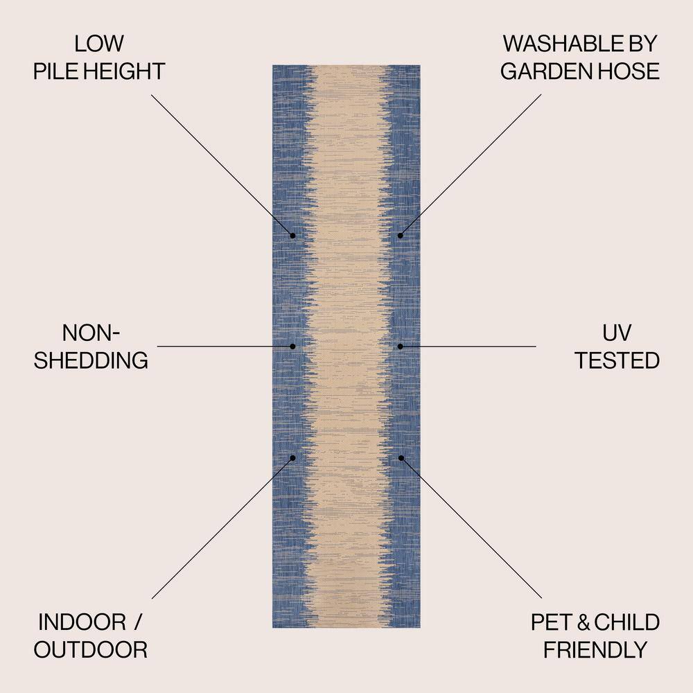 Tavira Blue and Beige Striped Synthetic Runner Rug