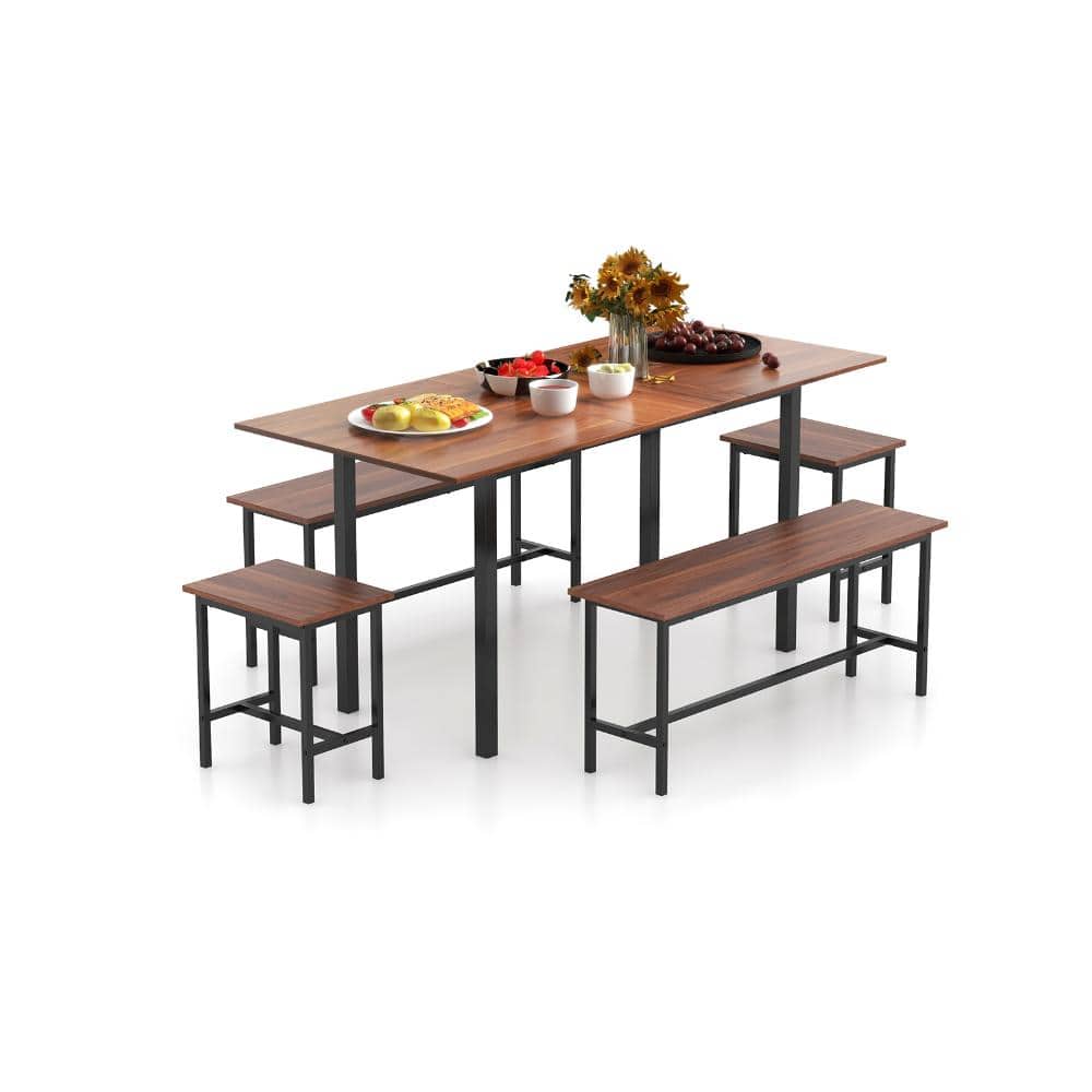 5-Piece Dining Table Set with 2 Benches and 2 Stools for Kitchen or Dining Room, Walnut