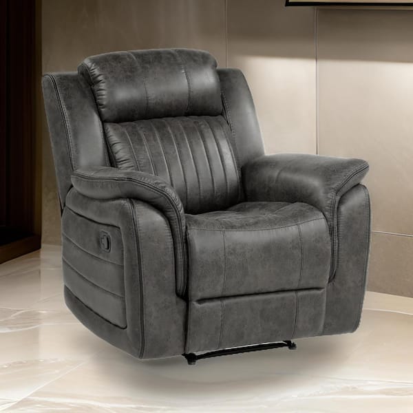 Benjara Brownish Gray Microfiber Manual Recliner with Tab Pull