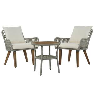 Patio 3-Piece Bistro Set Aluminium Gray Conversation Set with Wood Tabletop, Beige Cushions and Gray Rope