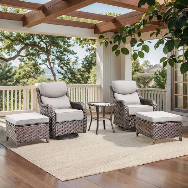 Arcadia Brown 5-Piece Wicker Swivel Rocker Patio Conversation Set with 6 in. Thick Beige Cushions and Ottomans